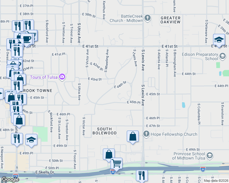 map of restaurants, bars, coffee shops, grocery stores, and more near 4401 Oak Road in Tulsa