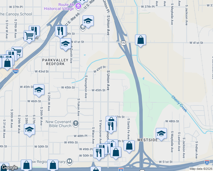 map of restaurants, bars, coffee shops, grocery stores, and more near 4428 South Union Avenue in Tulsa