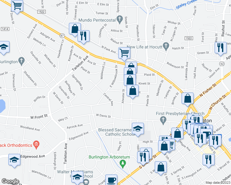 map of restaurants, bars, coffee shops, grocery stores, and more near 914 Askew Street in Burlington