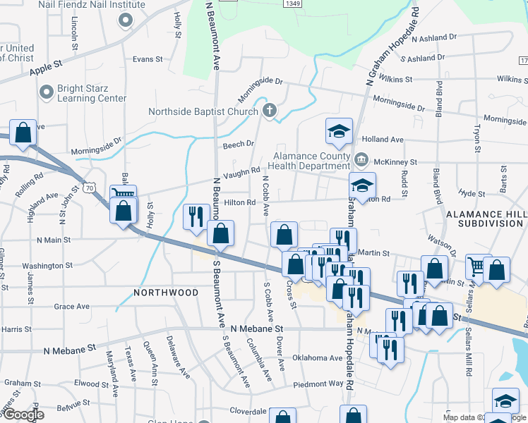 map of restaurants, bars, coffee shops, grocery stores, and more near 214 North Cobb Avenue in Burlington
