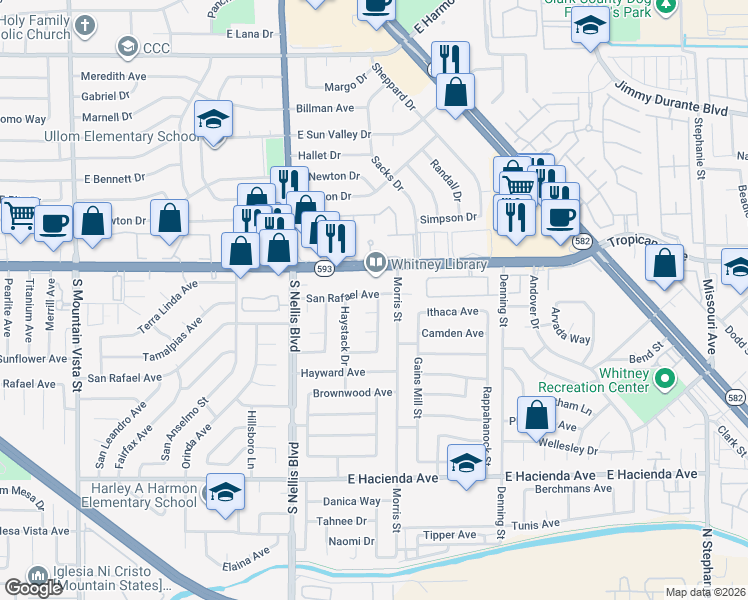 map of restaurants, bars, coffee shops, grocery stores, and more near 5153 San Rafael Avenue in Las Vegas