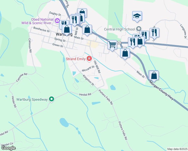 map of restaurants, bars, coffee shops, grocery stores, and more near 519 South Kingston Street in Wartburg
