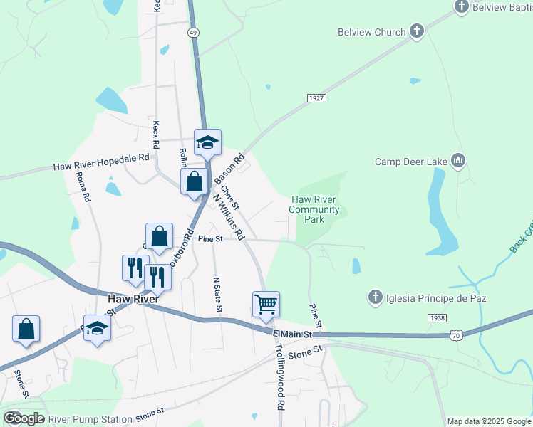 map of restaurants, bars, coffee shops, grocery stores, and more near 107 Elizabeth Lane in Mebane