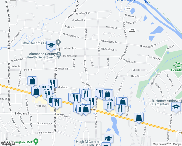 map of restaurants, bars, coffee shops, grocery stores, and more near 306 Tryon Street in Burlington