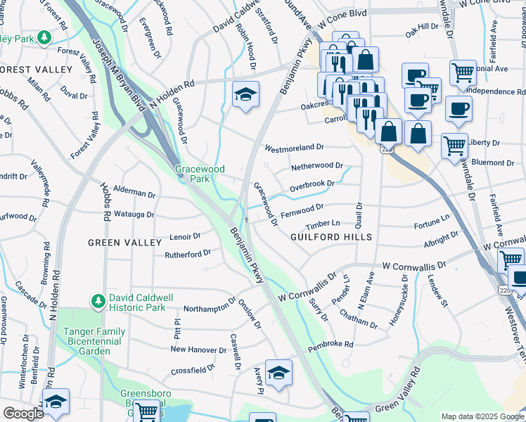 map of restaurants, bars, coffee shops, grocery stores, and more near 1401 Gracewood Drive in Greensboro