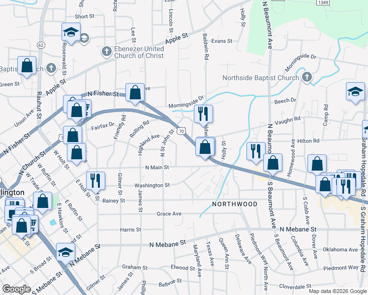 map of restaurants, bars, coffee shops, grocery stores, and more near 215 Courtland Terrace in Burlington