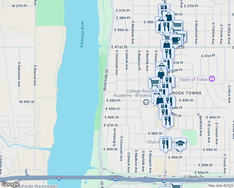 map of restaurants, bars, coffee shops, grocery stores, and more near 38 East 44th Street in Tulsa