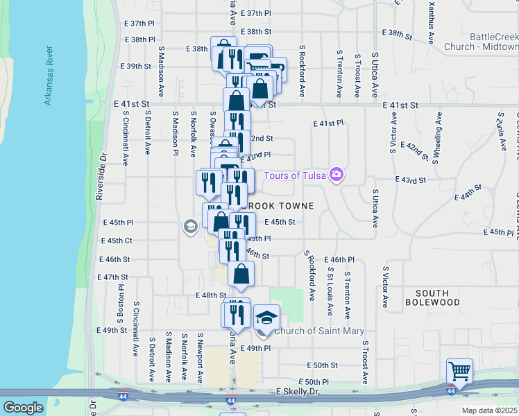 map of restaurants, bars, coffee shops, grocery stores, and more near 1336 South Quaker Avenue in Tulsa