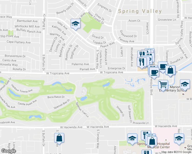 map of restaurants, bars, coffee shops, grocery stores, and more near 7333 Mission Hills Dr in Las Vegas