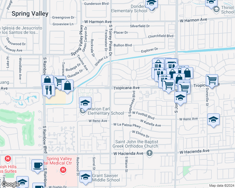 map of restaurants, bars, coffee shops, grocery stores, and more near 6455 West Alomar Avenue in Las Vegas