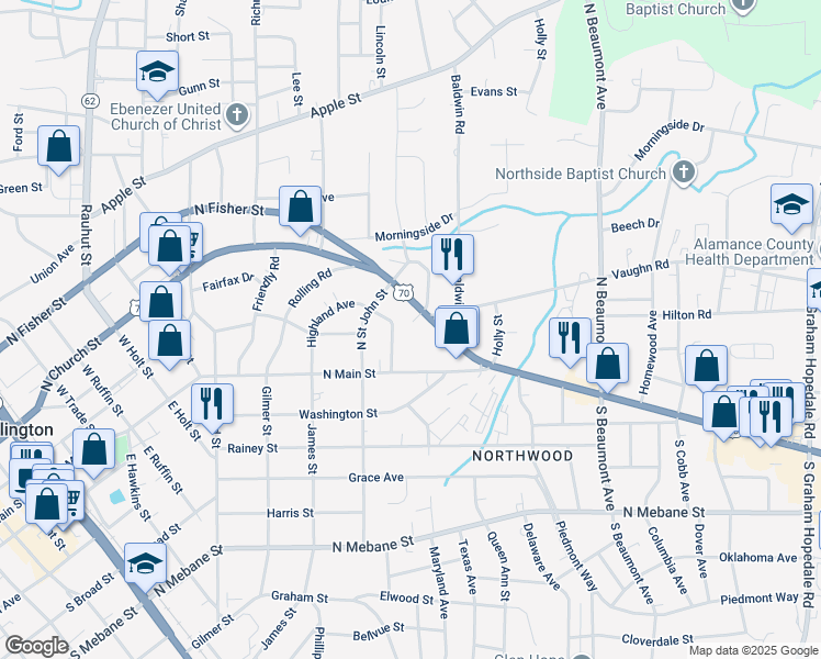 map of restaurants, bars, coffee shops, grocery stores, and more near 215 Courtland Terrace in Burlington