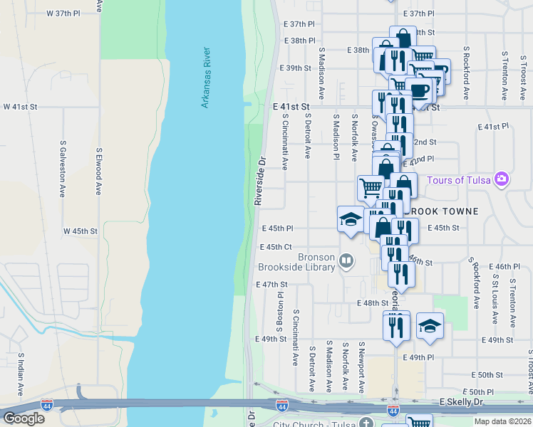 map of restaurants, bars, coffee shops, grocery stores, and more near 12 East 44th Street in Tulsa