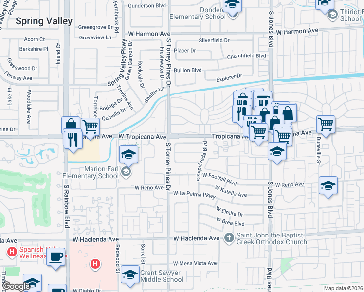 map of restaurants, bars, coffee shops, grocery stores, and more near 6445 West Alomar Avenue in Las Vegas
