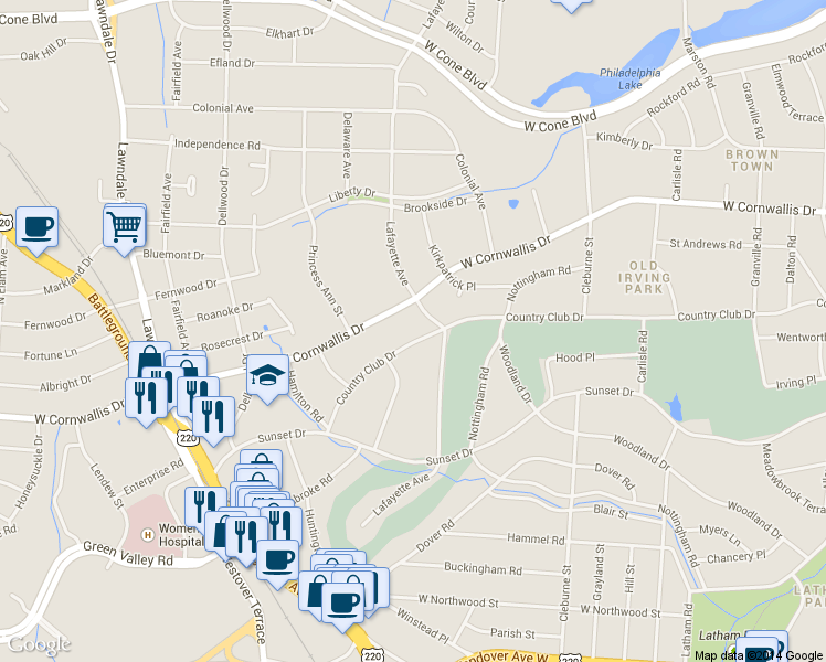 map of restaurants, bars, coffee shops, grocery stores, and more near 1006 Country Club Drive in Greensboro