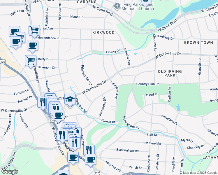 map of restaurants, bars, coffee shops, grocery stores, and more near 1006 Country Club Drive in Greensboro
