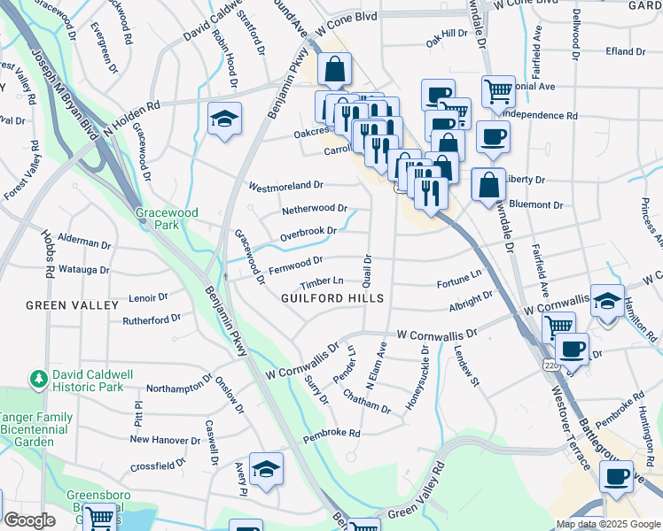 map of restaurants, bars, coffee shops, grocery stores, and more near 2511 Fernwood Drive in Greensboro