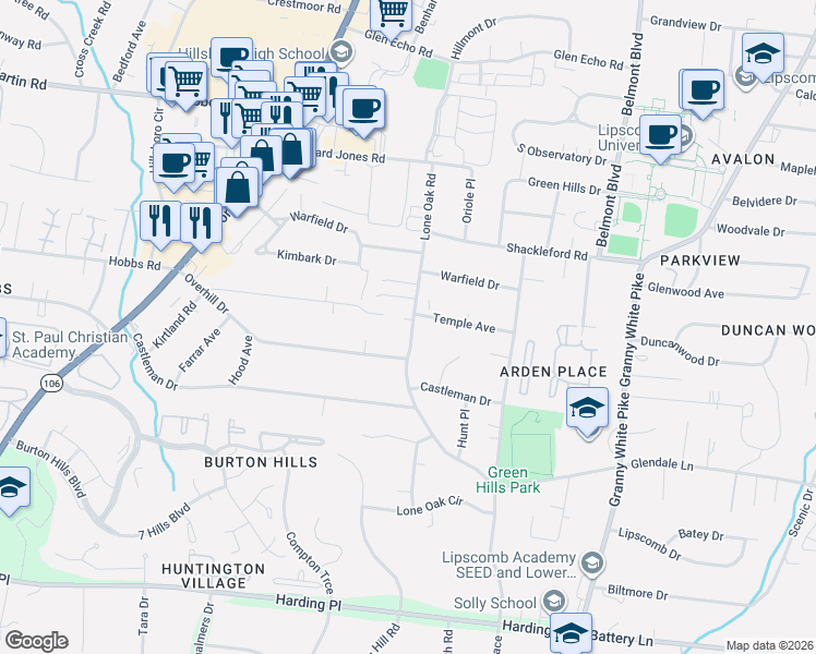 map of restaurants, bars, coffee shops, grocery stores, and more near 4305 Lone Oak Road in Nashville
