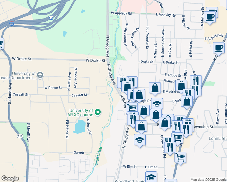 map of restaurants, bars, coffee shops, grocery stores, and more near 2633 North Gregg Avenue in Fayetteville