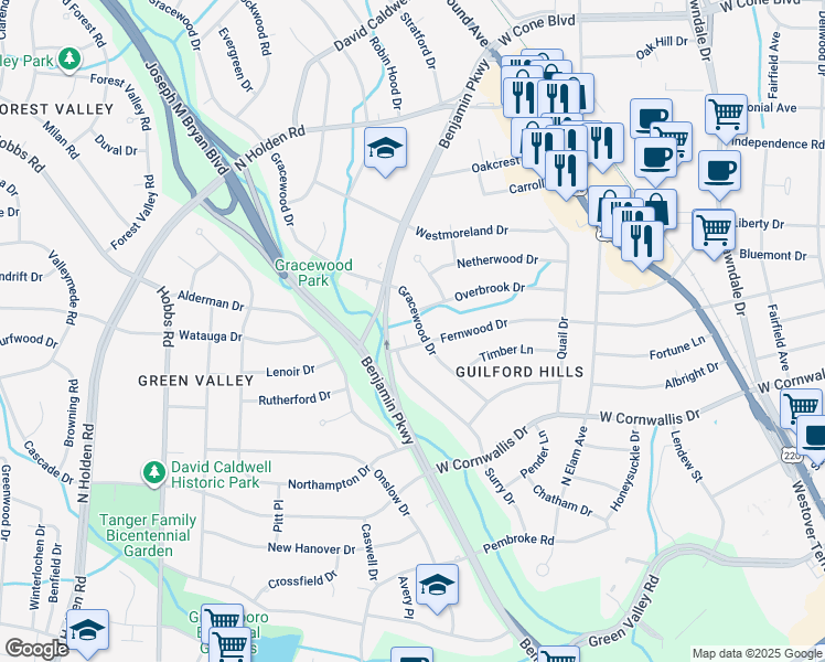 map of restaurants, bars, coffee shops, grocery stores, and more near 1401 Gracewood Drive in Greensboro