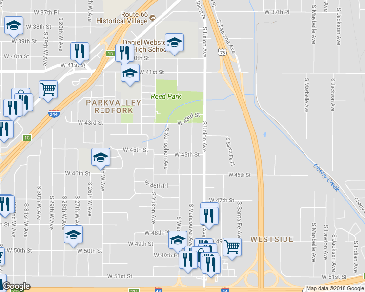 map of restaurants, bars, coffee shops, grocery stores, and more near 4347 South Waco Avenue in Tulsa