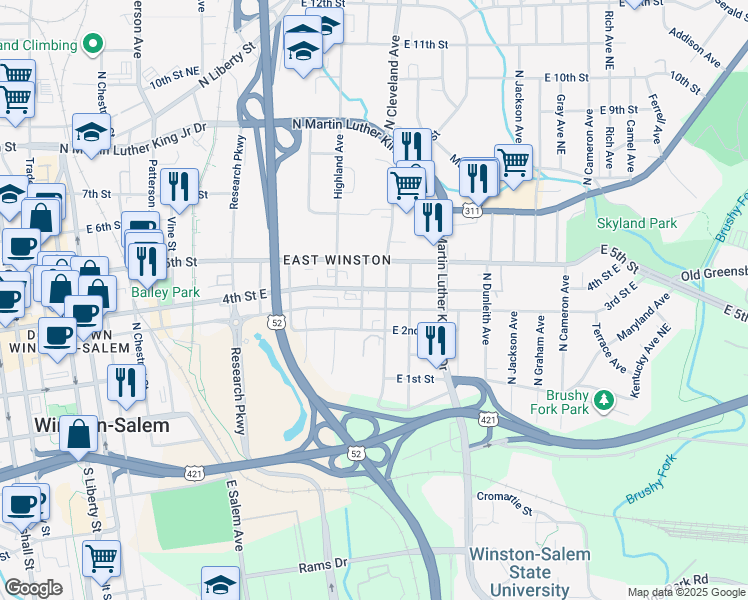 map of restaurants, bars, coffee shops, grocery stores, and more near 1000 4th Street East in Winston-Salem