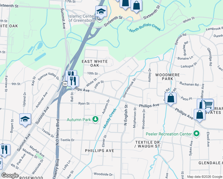 map of restaurants, bars, coffee shops, grocery stores, and more near 1708 Rayston Drive in Greensboro