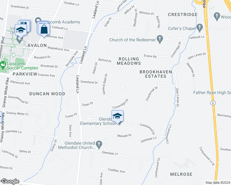 map of restaurants, bars, coffee shops, grocery stores, and more near 4115 Outer Drive in Nashville