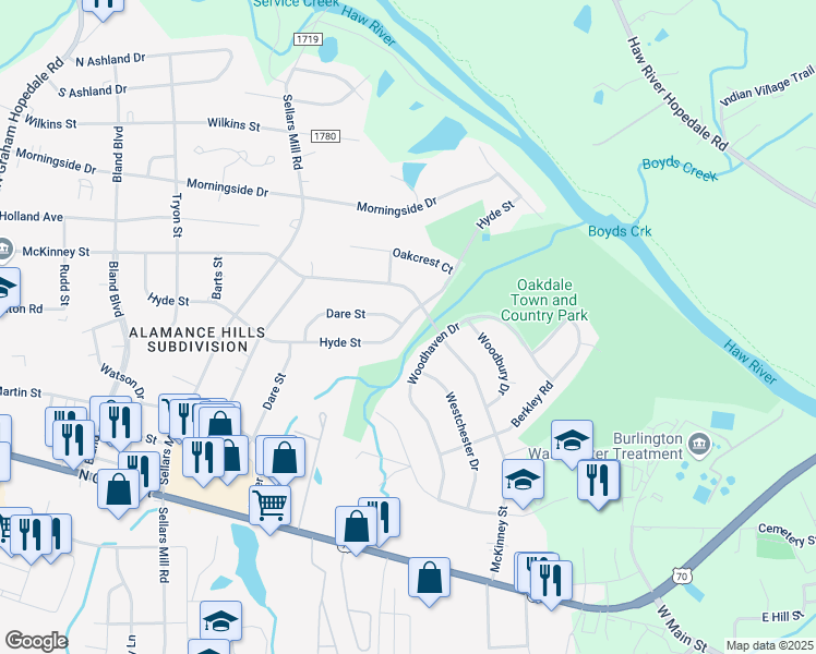 map of restaurants, bars, coffee shops, grocery stores, and more near 2585 Hyde Street in Burlington