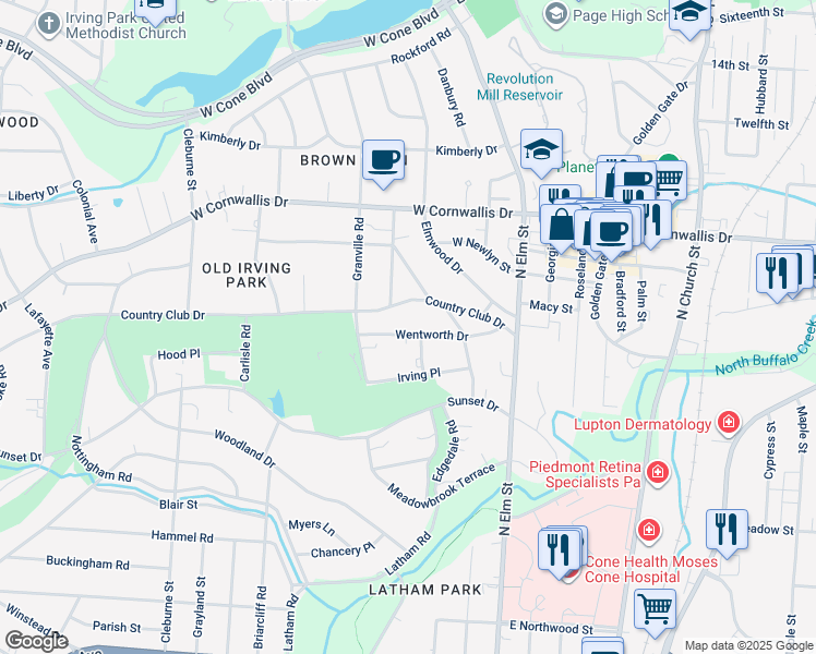 map of restaurants, bars, coffee shops, grocery stores, and more near 304 Wentworth Drive in Greensboro