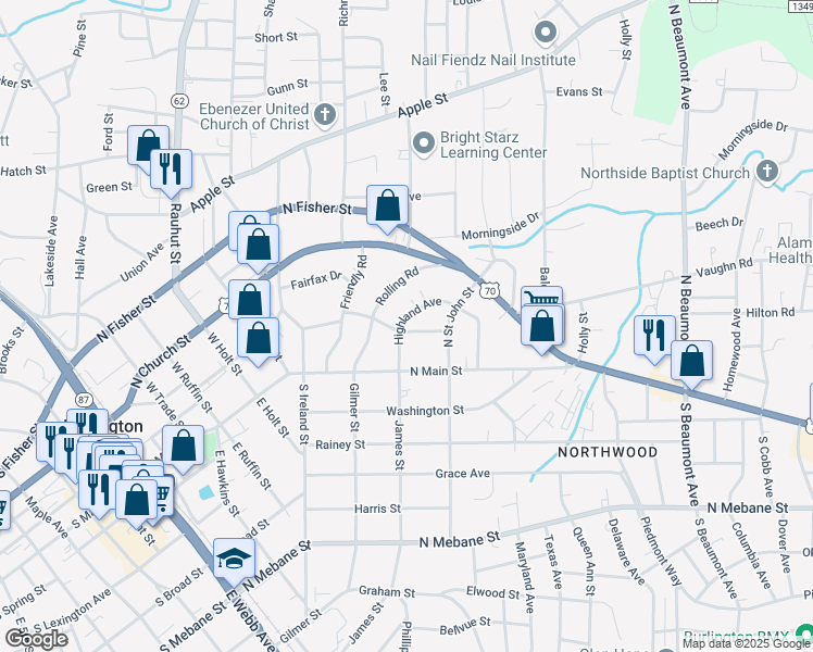 map of restaurants, bars, coffee shops, grocery stores, and more near 201 Highland Avenue in Burlington