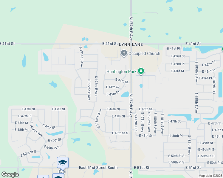 map of restaurants, bars, coffee shops, grocery stores, and more near 17502 East 44th Place in Tulsa