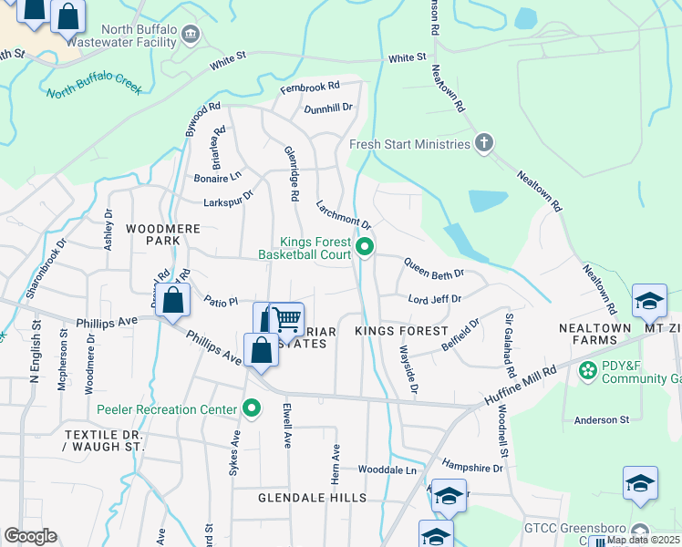 map of restaurants, bars, coffee shops, grocery stores, and more near 1 Lord Foxley Court in Greensboro