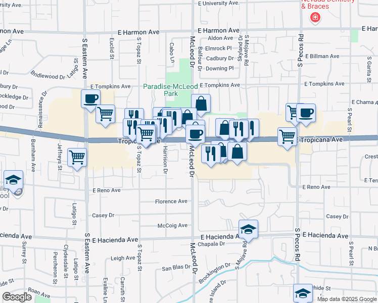 map of restaurants, bars, coffee shops, grocery stores, and more near 2977 Calle Del Valle in Las Vegas