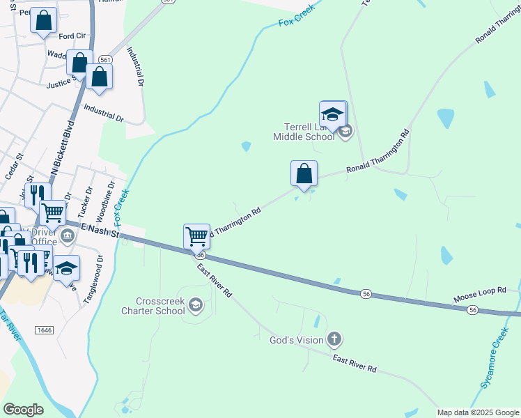 map of restaurants, bars, coffee shops, grocery stores, and more near Ronald Tharrington Road in Louisburg