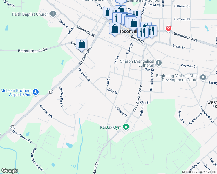 map of restaurants, bars, coffee shops, grocery stores, and more near 101 Kelly Street in Gibsonville
