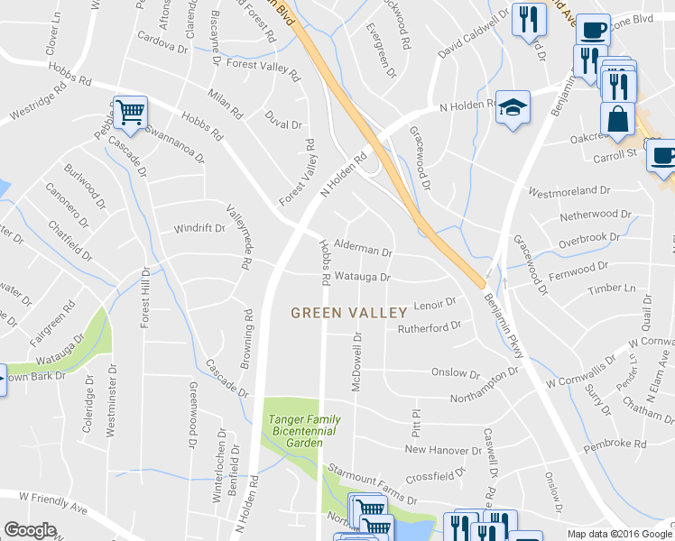 map of restaurants, bars, coffee shops, grocery stores, and more near 1400 Hobbs Road in Greensboro