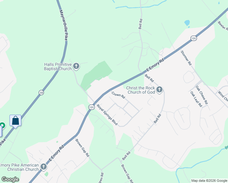 map of restaurants, bars, coffee shops, grocery stores, and more near 7440 Crown Road in Knoxville