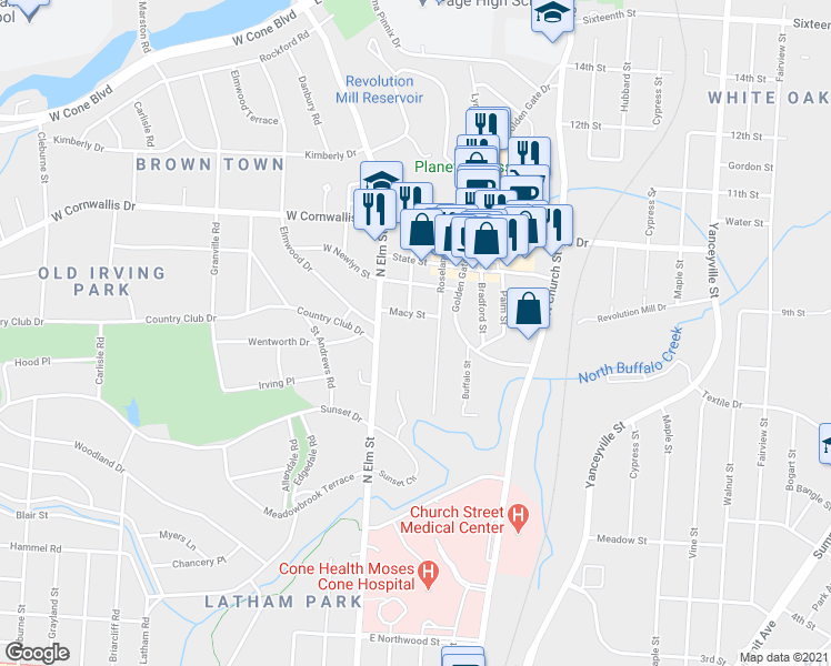 map of restaurants, bars, coffee shops, grocery stores, and more near 1828 North Elm Street in Greensboro