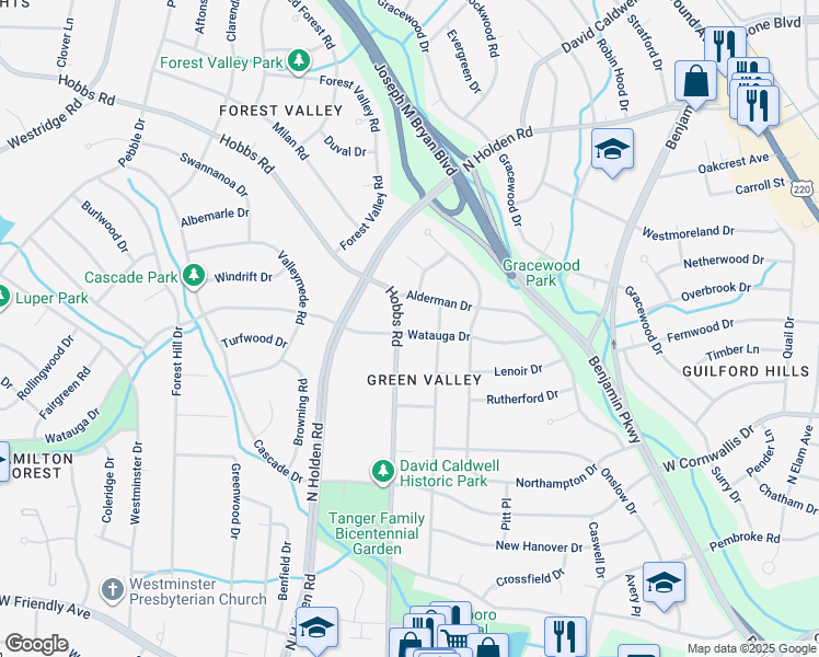 map of restaurants, bars, coffee shops, grocery stores, and more near 1400 Hobbs Road in Greensboro