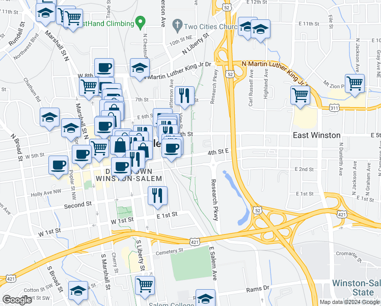 map of restaurants, bars, coffee shops, grocery stores, and more near 401 4th Street East in Winston-Salem