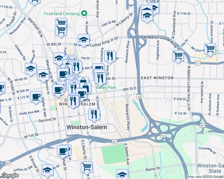map of restaurants, bars, coffee shops, grocery stores, and more near 401 4th Street East in Winston-Salem