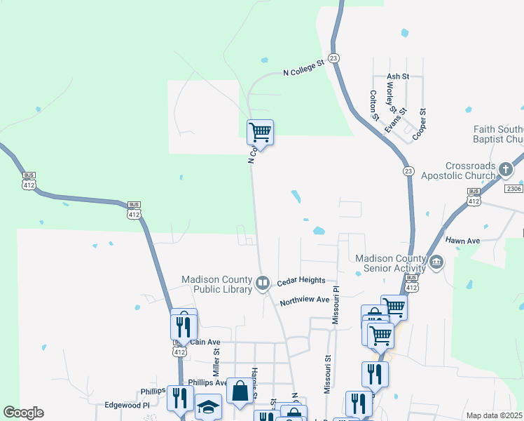map of restaurants, bars, coffee shops, grocery stores, and more near 1001-1207 North College Avenue in Huntsville