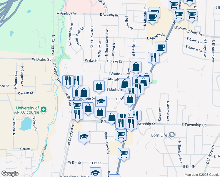 map of restaurants, bars, coffee shops, grocery stores, and more near 135 East Madrid Street in Fayetteville