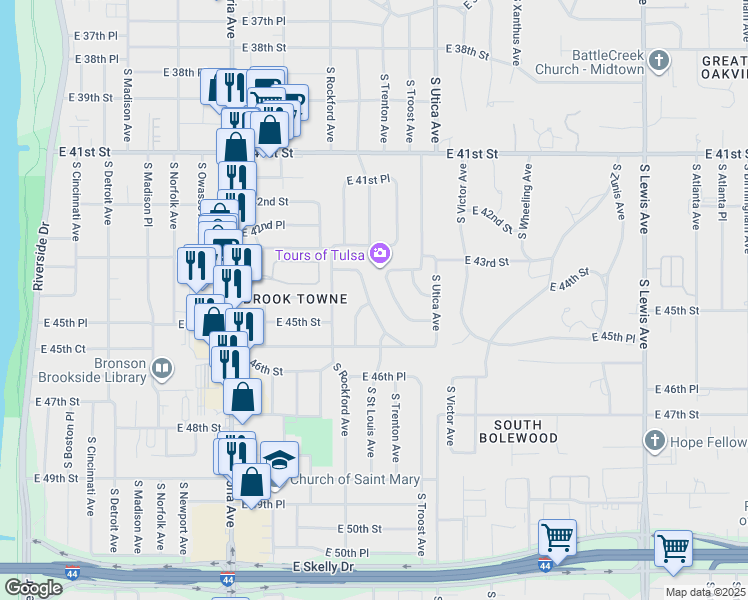 map of restaurants, bars, coffee shops, grocery stores, and more near 4342 South Rockford Place in Tulsa