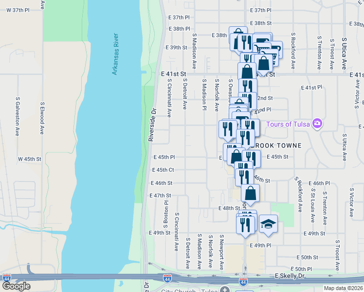 map of restaurants, bars, coffee shops, grocery stores, and more near 38 East 44th Street in Tulsa