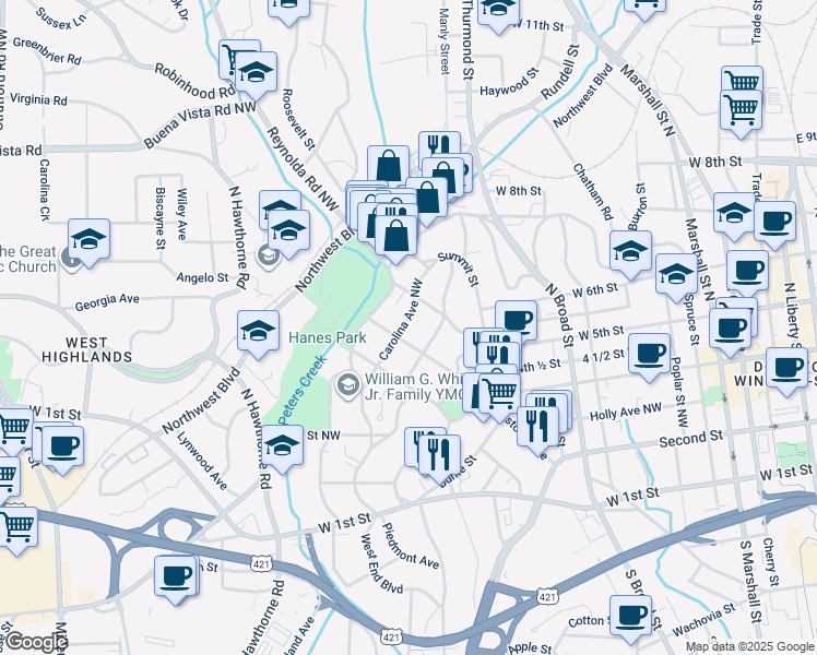 map of restaurants, bars, coffee shops, grocery stores, and more near 922 Carolina Avenue Northwest in Winston-Salem