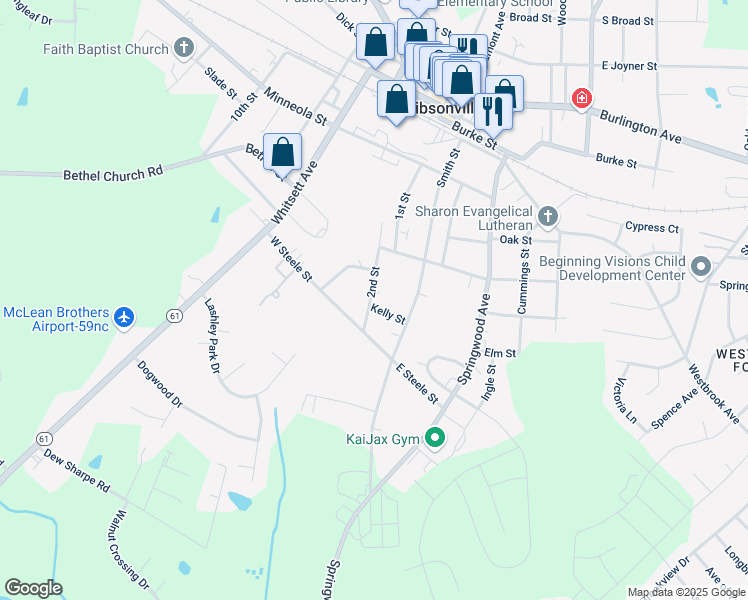map of restaurants, bars, coffee shops, grocery stores, and more near 101 Kelly Street in Gibsonville