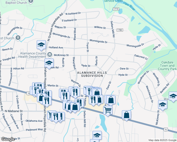 map of restaurants, bars, coffee shops, grocery stores, and more near 323 Tryon Street in Burlington