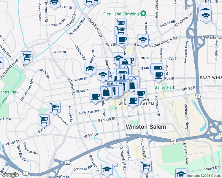 map of restaurants, bars, coffee shops, grocery stores, and more near 418 Marshall Street North in Winston-Salem