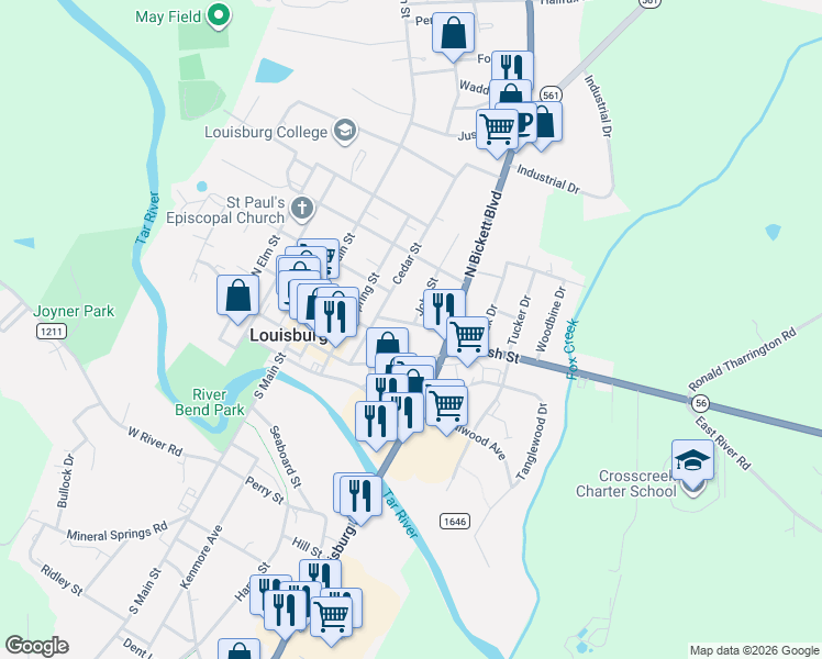 map of restaurants, bars, coffee shops, grocery stores, and more near 104 Williamson Street in Louisburg